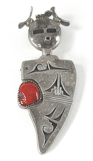 Authentic Native American sterling silver, coral Kachina Pin Pendant by Navajo artisan Benson Ration