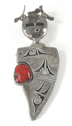 Authentic Native American sterling silver and coral kachina Pin Pendant by Navajo artisan Benson Ration