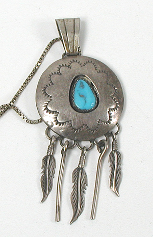 vintage sterling silver and Turquoise feather dangle shadowbox Pendant