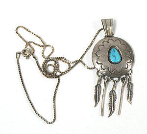 vintage sterling silver and Turquoise feather dangle shadowbox Pendant