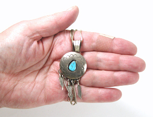 vintage sterling silver and Turquoise feather dangle shadowbox Pendant