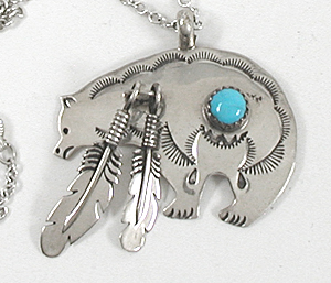 sterling silver and Turquoise bear with feathers pendant