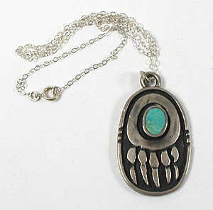 vintage sterling silver Bear Paw with Turquoise Pendant with 18 inch chain
