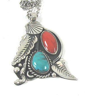 sterling silver Coral and Turquoise Pendant with 19 inch sterling silver chain