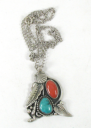 "sterling silver Coral and Turquoise Pendant with 19 inch sterling silver chain"