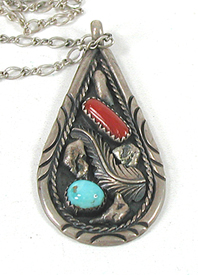 sterling silver Coral and Turquoise Pendant with 19 inch sterling silver chain