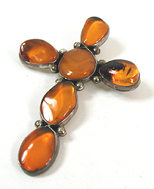 authentic Native American sterling silver and amber Cross pendant by Navajo artisan Leland Yazzie
