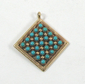 Authentic Native American 14K gold and turquoise snake eye Pendant by Zuni artisans Thomas and Alice Hannaweeke