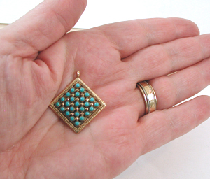 Authentic Native American 14K gold and turquoise snake eye Pendant by Zuni artisans Thomas and Alice Hannaweeke