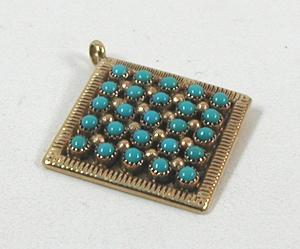 Authentic Native American 14K gold and turquoise snake eye Pendant by Zuni artisans Thomas and Alice Hannaweeke