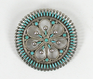 authentic Native American sterling silver Turquoise Petit Point Pin Pendant by Zuni artisans Vincent and Socorro Johnson