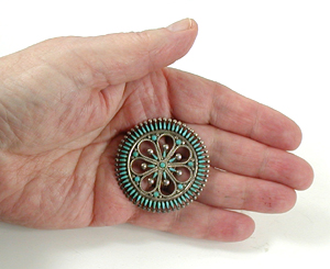 authentic Native American sterling silver Turquoise Petit Point Pin Pendant by Zuni artisans Vincent and Socorro Johnson