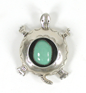 stamped sterling silver and turquoise Shadowbox Turtle Pin Pendant