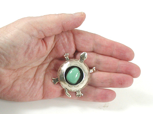 stamped sterling silver and turquoise Shadowbox Turtle Pin Pendant