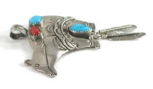 stamped sterling silver Turquoise Coral Bear Pendant with feather dangles