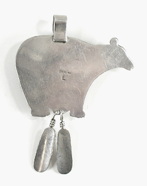 stamped sterling silver Turquoise Coral Bear Pendant with feather dangles