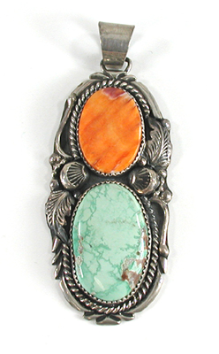 Authentic Native American sterling silver Orange Spiny Oyster and Turquoise Pendant by Navajo silversmith Jeanette Dale