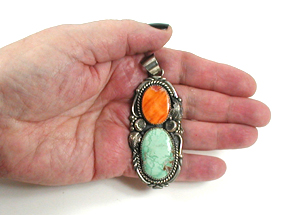 Authentic Native American sterling silver Orange Spiny Oyster and Turquoise Pendant by Navajo silversmith Jeanette Dale