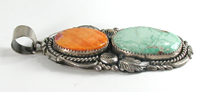 Authentic Native American sterling silver Orange Spiny Oyster and Turquoise Pendant by Navajo silversmith Jeanette Dale
