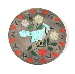 authentic Native American stamped sterling silver Inlay Blue Jay Pin Pendant by Zuni artisans Randolph and Margie Ghahate