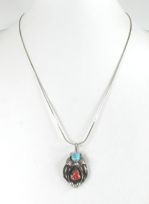 authentic Native American sterling silver claw pendant with turquoise and coral by Navajo artisan Mary E. Tsosie
