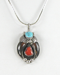 authentic Native Americansterling silver claw pendant with turquoise and coral by Navajo artisan Mary E. Tsosie