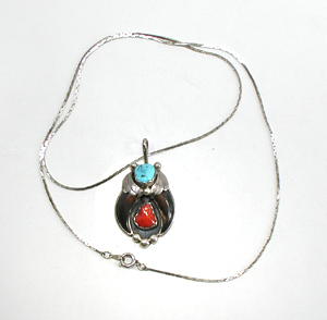 authentic Native American sterling silver claw pendant with turquoise and coral by Navajo artisan Mary E. Tsosie