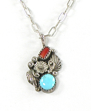 turquoise and coral sterling silver pendant with 24 inch cable chain