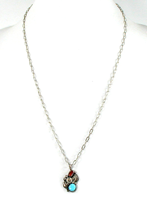 turquoise and coral sterling silver pendant with 24 inch cable chain