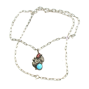 turquoise and coral sterling silver pendant with 24 inch cable chain