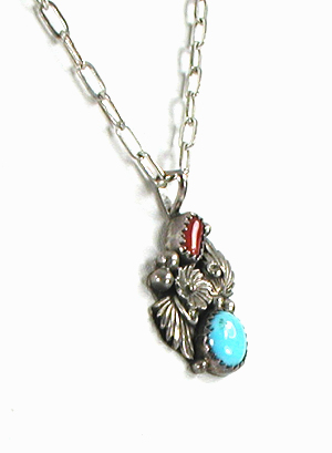 turquoise and coral sterling silver pendant with 24 inch cable chain