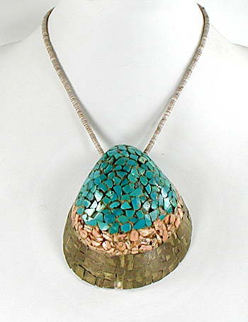 vintage Kewa Santo Domingo mosaic inlay shell pendant on heishi necklace