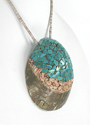 vintage Kewa Santo Domingo mosaic inlay shell pendant on heishi necklace