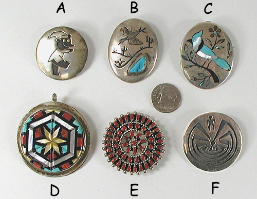 Six vintage Sterling Silver and turquoise Pin Pendants