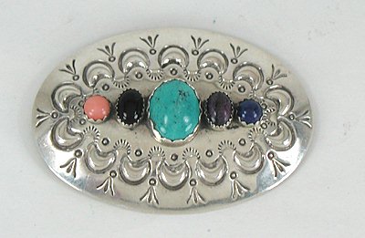 Vintage NOS  sterlling silver repousse stamped Multi-Stone Pin