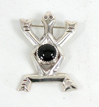 Vintage Native American NOS sterlling silver Onyx Frog Pin by Navajo Ivan Kee