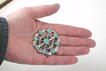 Vintage sterlling silver turquoise cluster wheel pin