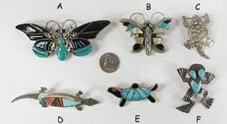 six vintage and contemporary Sterling Silver and turquoise pins