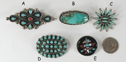 Five vintage and contemporary Sterling Silver and turquoise pins