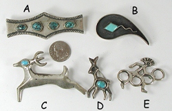 Five vintage and contemporary Sterling Silver and turquoise pins
