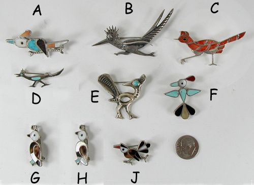 Nine vintage and contemporary Sterling Silver and stone inlay bird pins