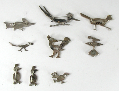 Nine vintage and contemporary Sterling Silver and stone inlay bird pins