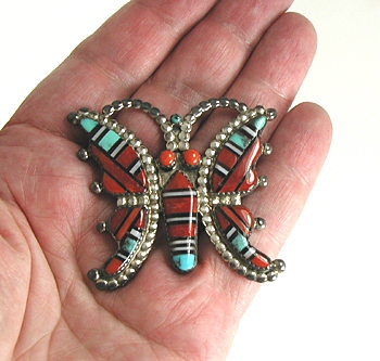 Authentic Native American Sterling Silver with coral and turquoise inlay Butterfly Pin by Zuni artisans Wayne and Jocelyn Haloo