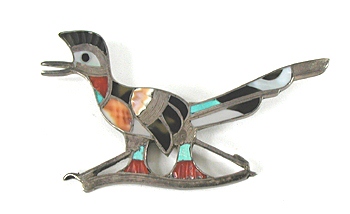vintage Sterling Silver and stone Inlay Roadrunner Pin