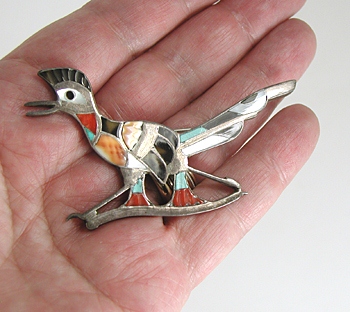vintage Sterling Silver and stone Inlay Roadrunner Pin
