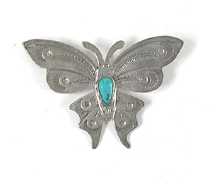 Roger Skeet Jr., Navajo vintage Sterling Silver Butterfly Pin with turquoise stone