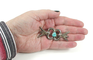 authentic Native American cast sterling silver and Turquoise Pin by Navajo silversmith Sadie Randolph