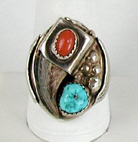 Navajo Sterling Silver Claw turquoise coral ring