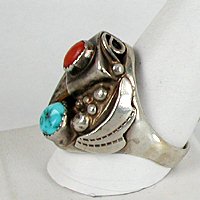 Navajo Sterling Silver Claw turquoise coral ring