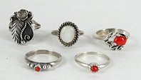 five Sterling Silver and stone rings sizes 5 to 5 7/8